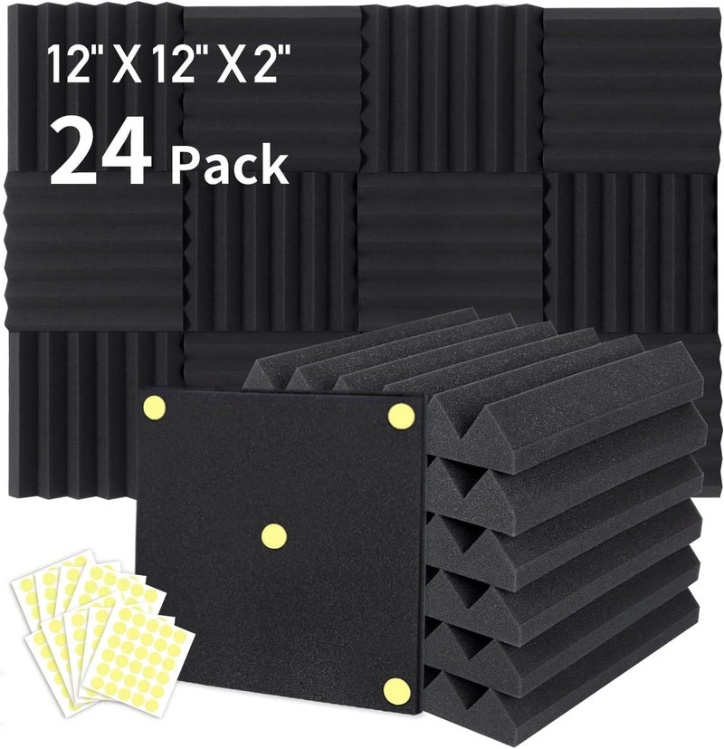 Focusound 24 Packs Acoustic Foam Panels 2" X 12" X 12", Soundproofing Foam Noise Cancelling Foam with 120 PCS Double-Side adhesive - Image 1
